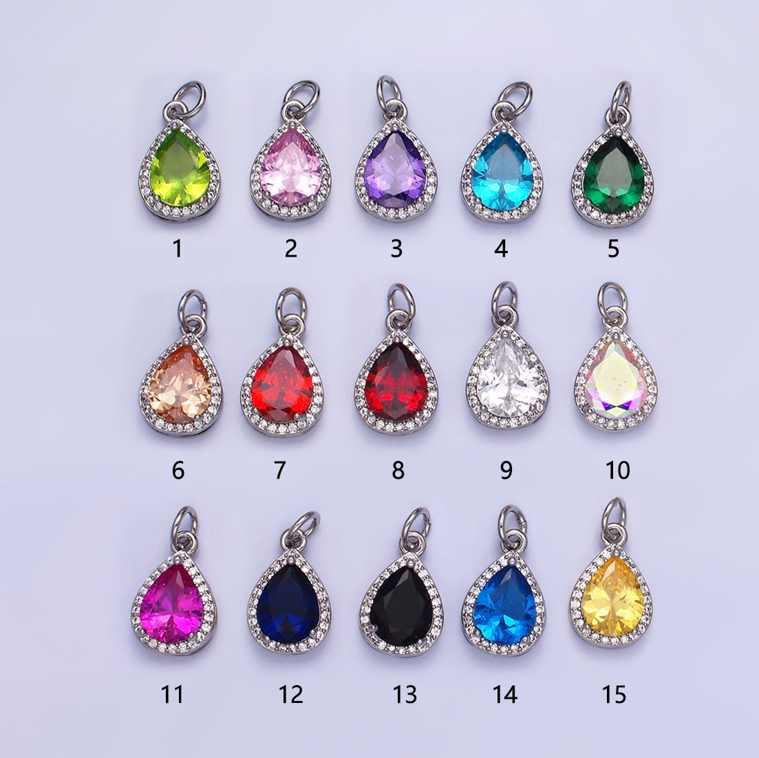 14K Gold plated Birthstone CZ Teardrop Micro Paved Charm in Gold & Silver | W696 - W703, W751 - W757 - DLUXCA
