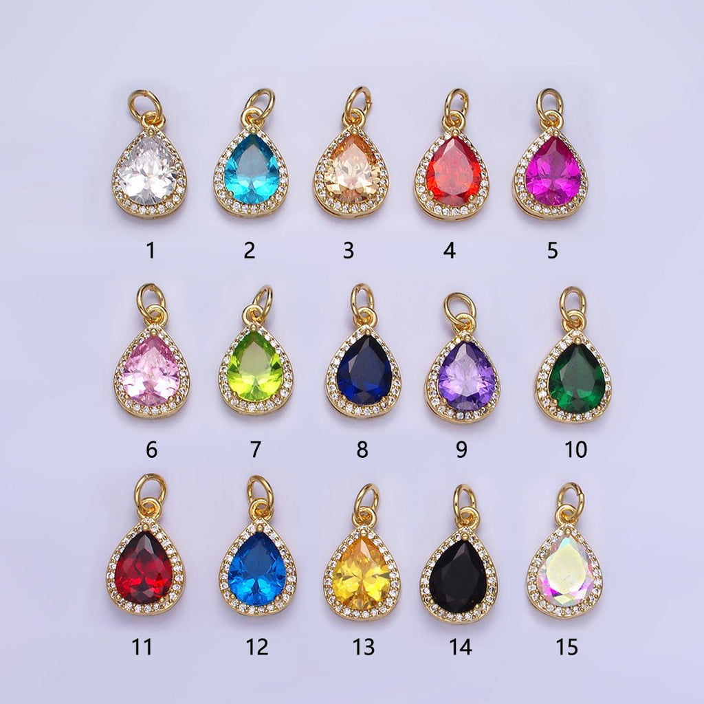 14K Gold plated Birthstone CZ Teardrop Micro Paved Charm in Gold & Silver | W696 - W703, W751 - W757 - DLUXCA