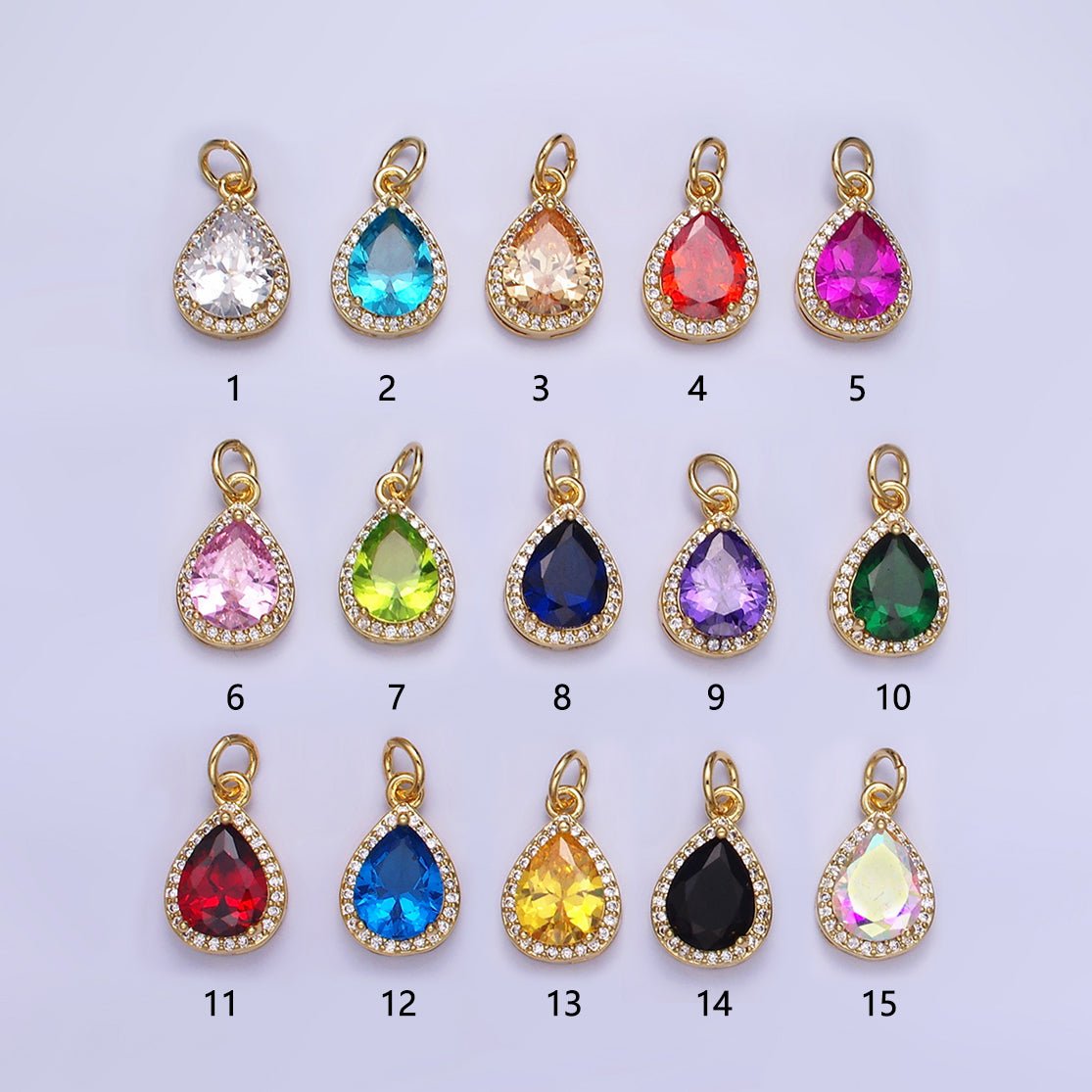 14K Gold plated Birthstone CZ Teardrop Micro Paved Charm in Gold & Silver | W696 - W703, W751 - W757 - DLUXCA