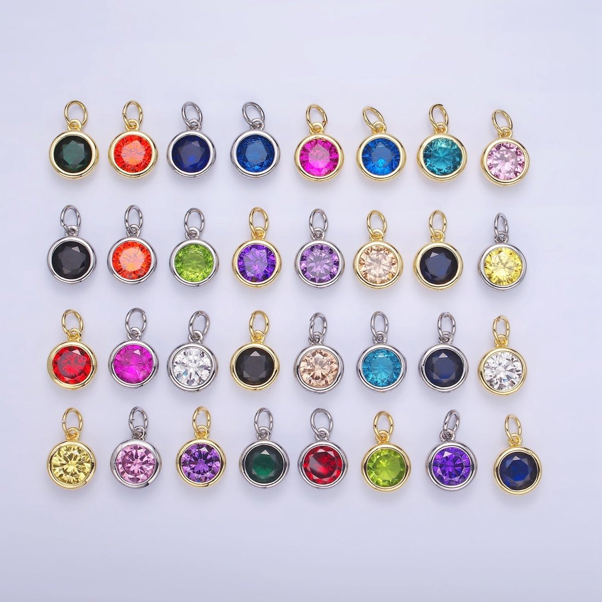 14K Gold plated Birthstone Round Bezel Charm in Gold & Silver | AG788 - AG795