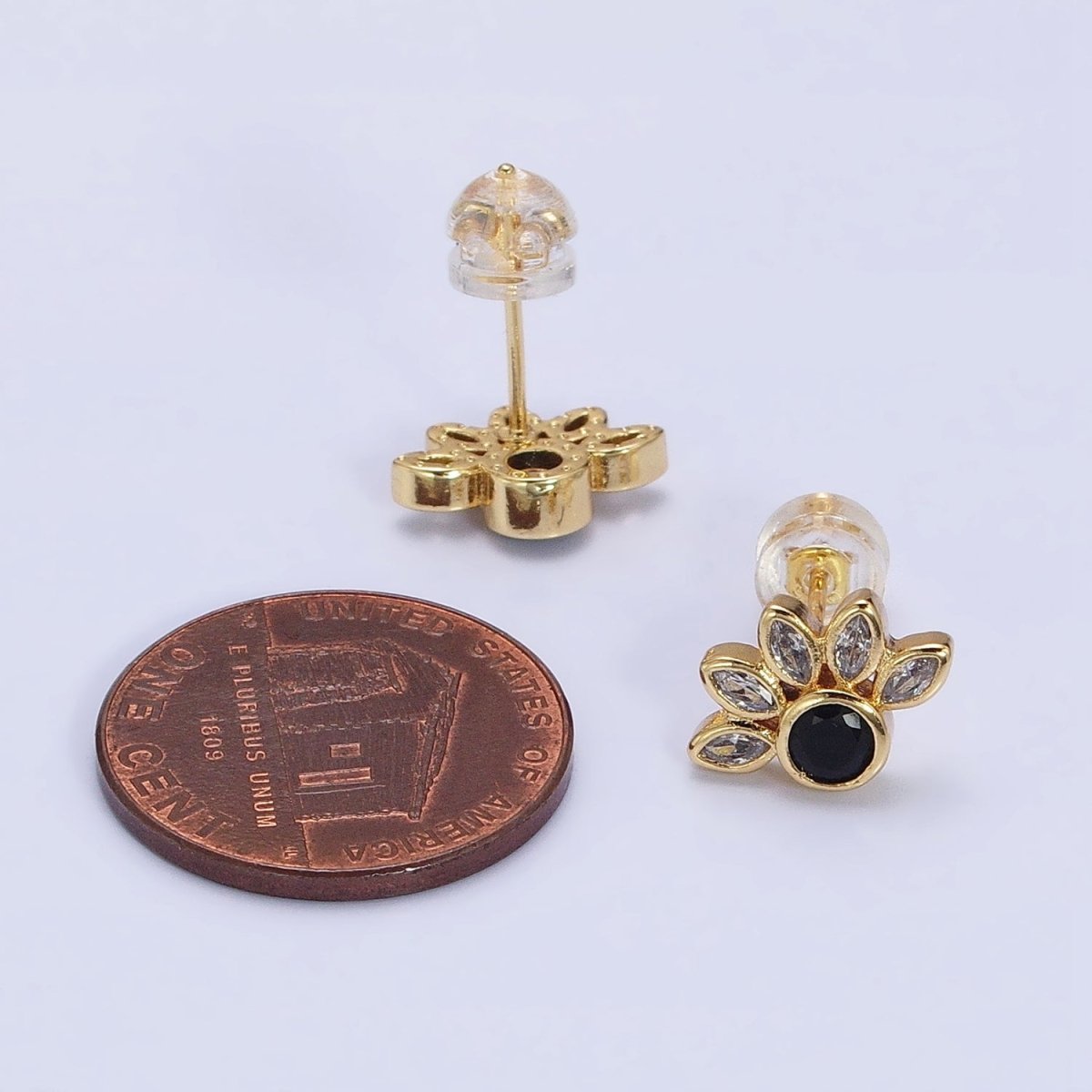 14K Gold plated Black Clear CZ Marquise Sun Stud Earrings | AB1523 - DLUXCA