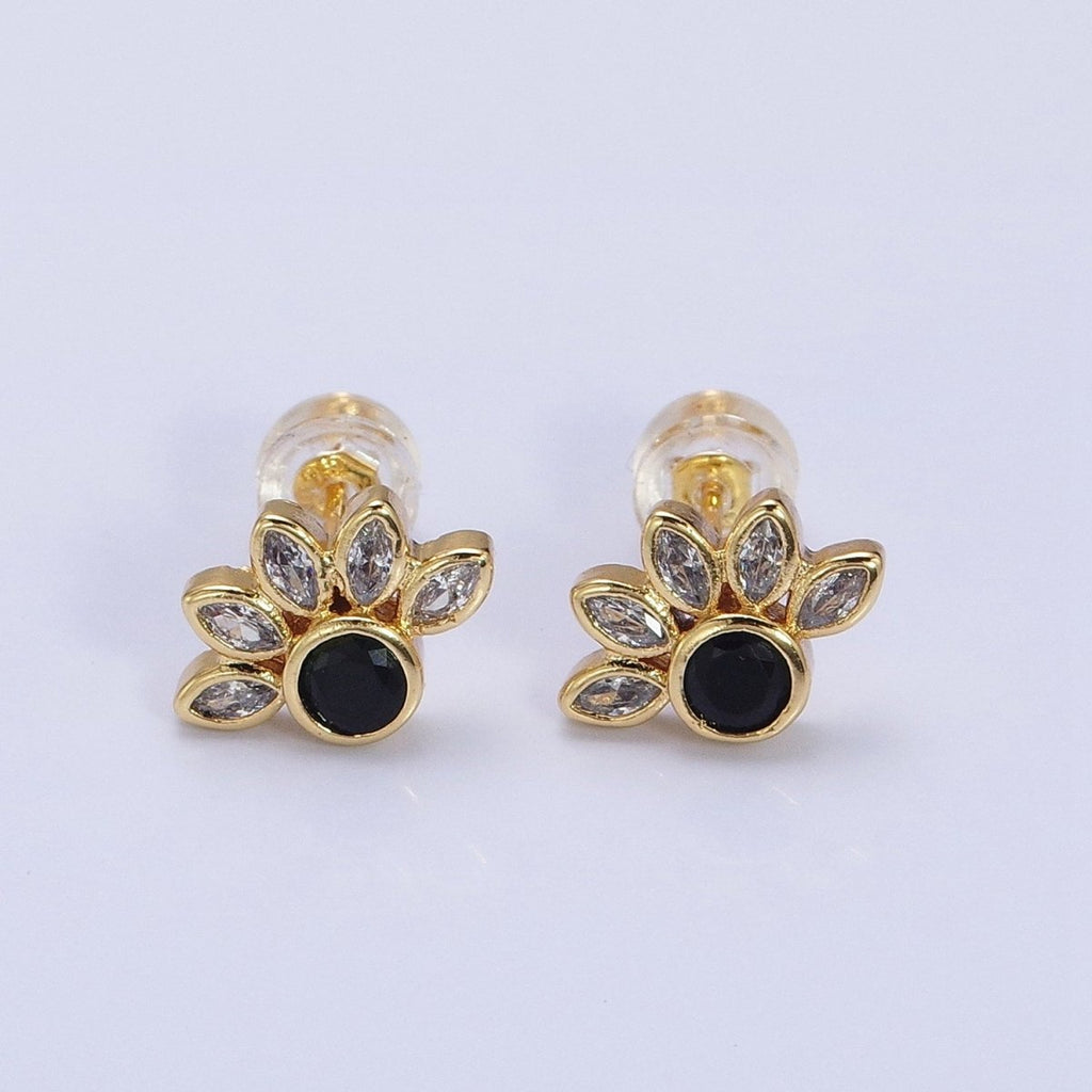 14K Gold plated Black Clear CZ Marquise Sun Stud Earrings | AB1523 - DLUXCA