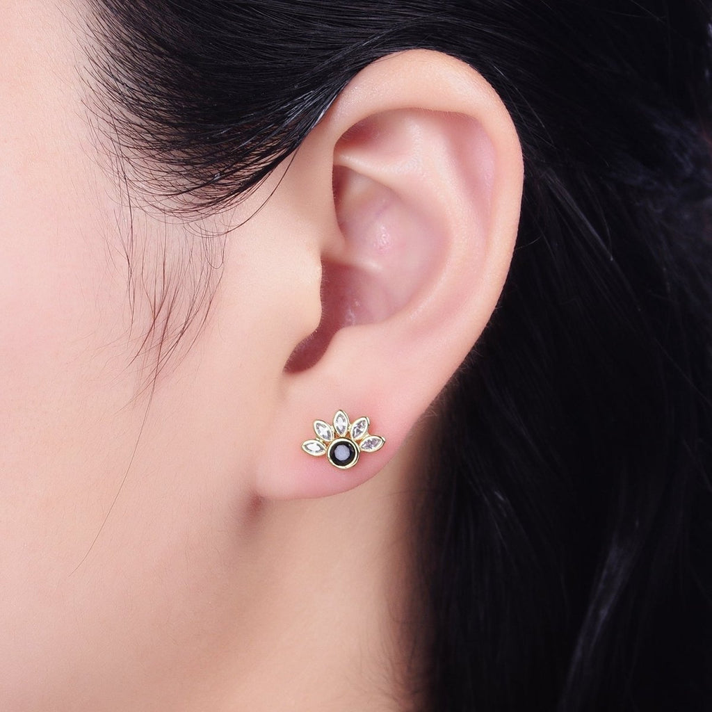 14K Gold plated Black Clear CZ Marquise Sun Stud Earrings | AB1523 - DLUXCA