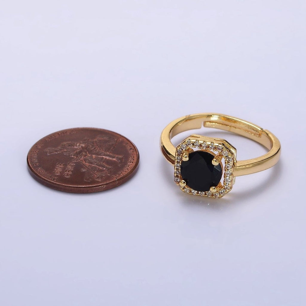 14K Gold plated Black, Clear, Red CZ  Micro Paved Octagonal Solitaire Adjustable Ring | O-601 O-602 O-641