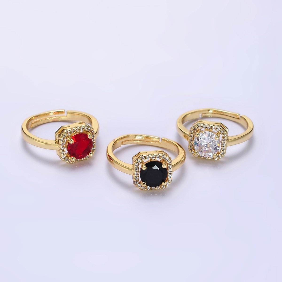 14K Gold plated Black, Clear, Red CZ  Micro Paved Octagonal Solitaire Adjustable Ring | O-601 O-602 O-641