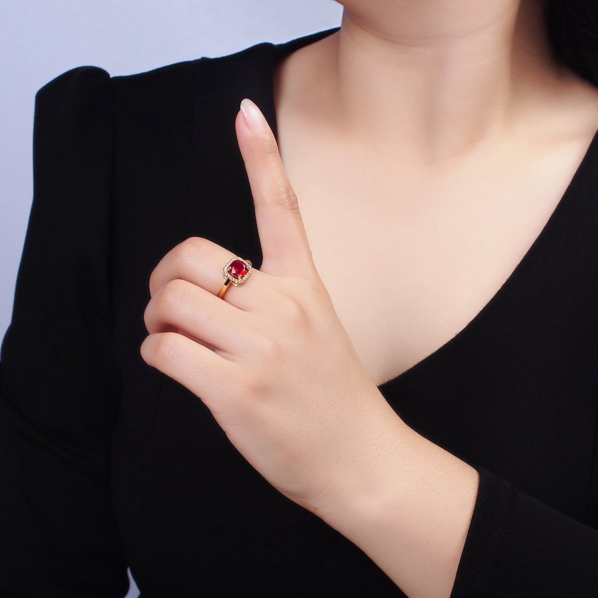 14K Gold plated Black, Clear, Red CZ  Micro Paved Octagonal Solitaire Adjustable Ring | O-601 O-602 O-641