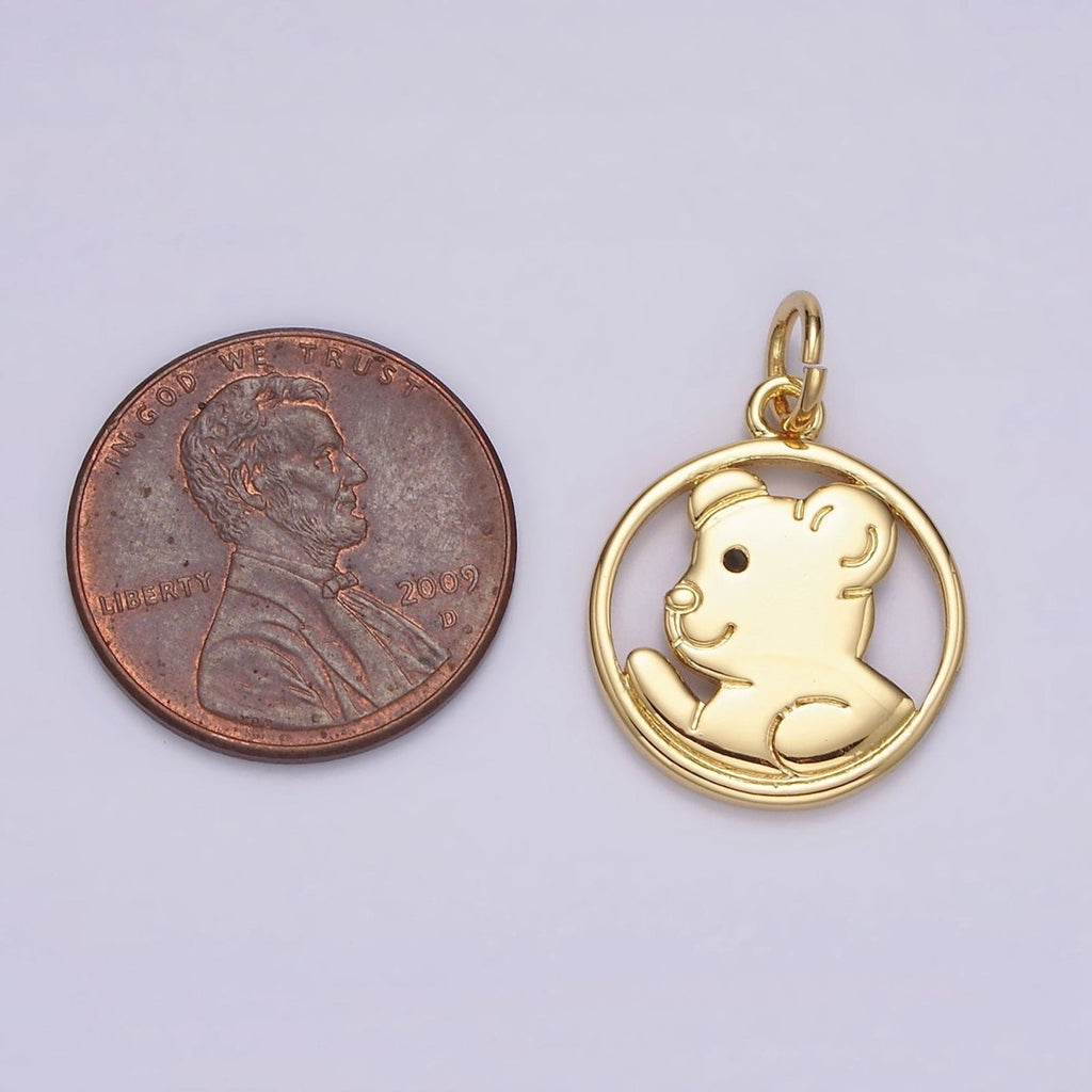 14K Gold plated Black-Eyed Teddy Bear Animal Open Round Charm | N1599 - DLUXCA