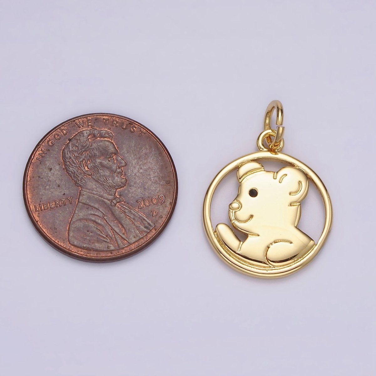 14K Gold plated Black-Eyed Teddy Bear Animal Open Round Charm | N1599 - DLUXCA