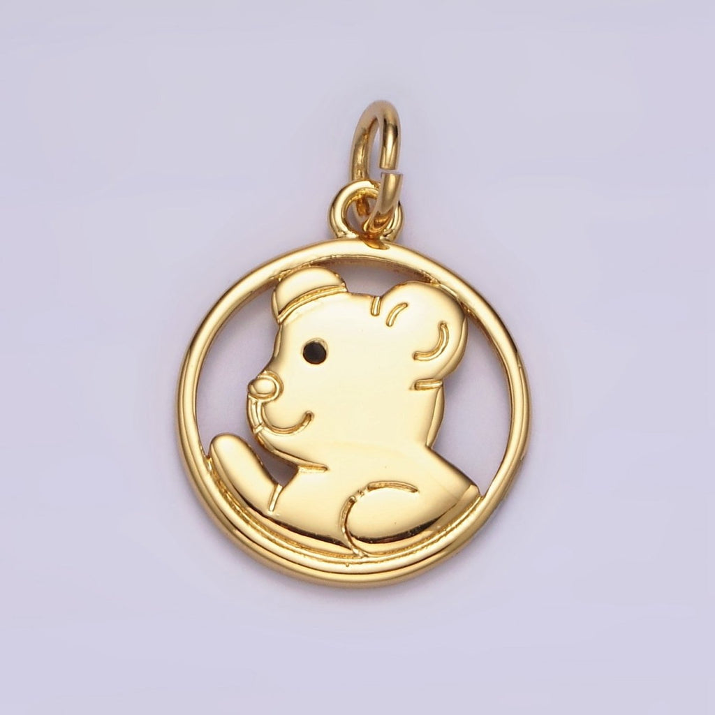 14K Gold plated Black-Eyed Teddy Bear Animal Open Round Charm | N1599 - DLUXCA