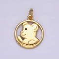 14K Gold plated Black-Eyed Teddy Bear Animal Open Round Charm | N1599 - DLUXCA