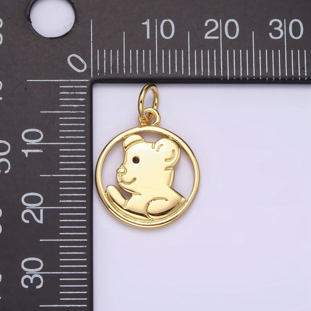 14K Gold plated Black-Eyed Teddy Bear Animal Open Round Charm | N1599 - DLUXCA