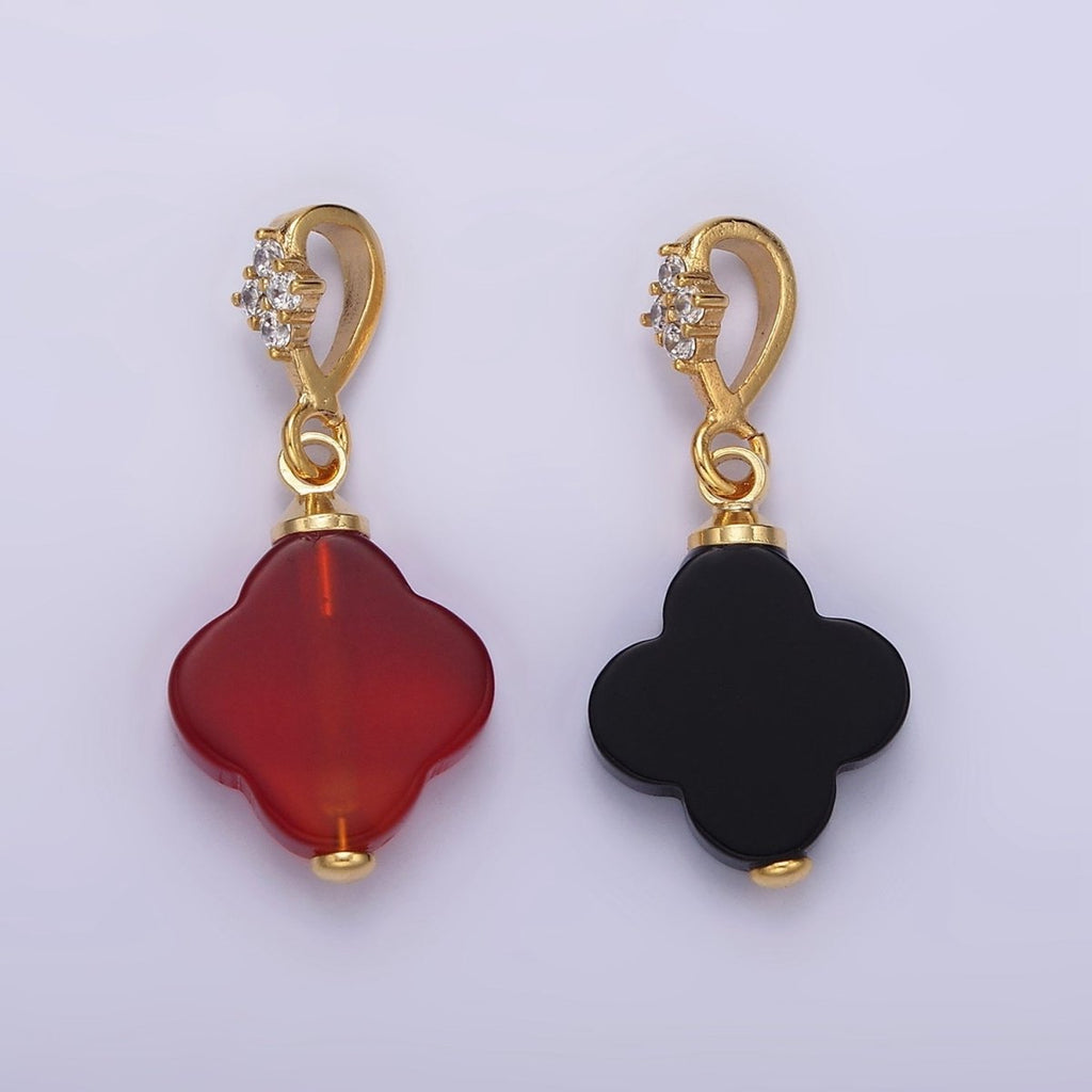 14K Gold plated Black Onyx, Red Carnelian Quatrefoil Micro Paved CZ Bail Pendant | N1294 N1295
