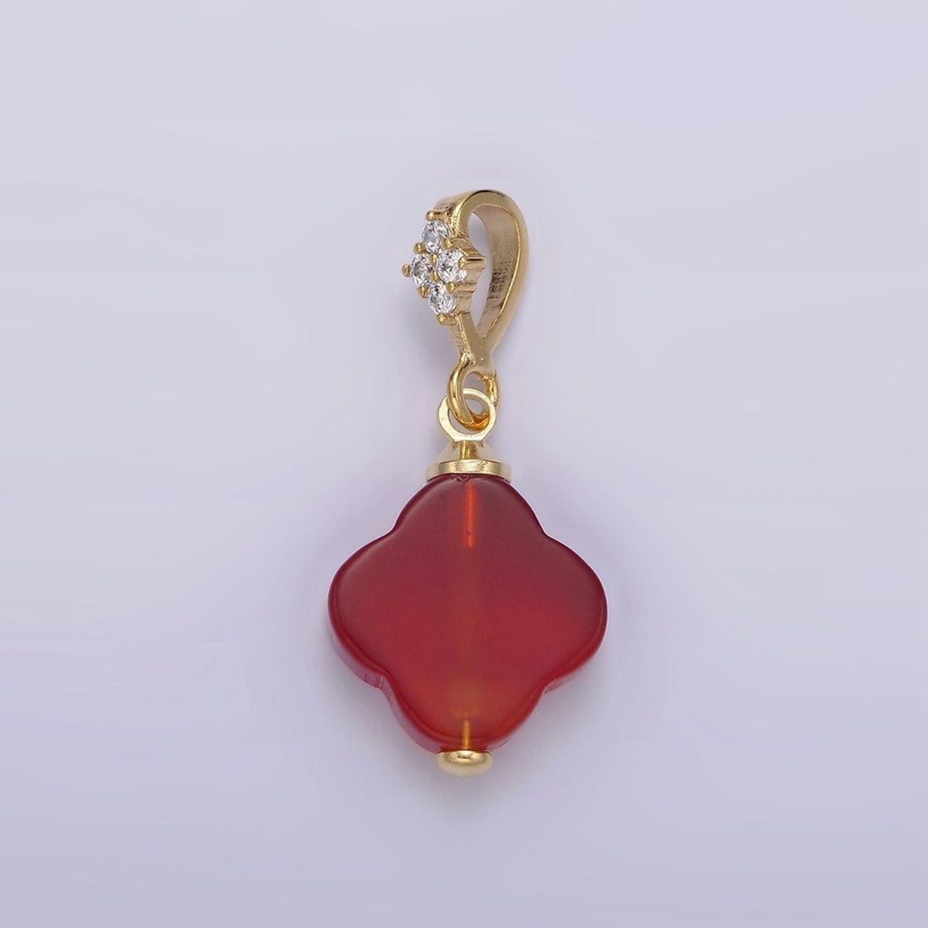14K Gold plated Black Onyx, Red Carnelian Quatrefoil Micro Paved CZ Bail Pendant | N1294 N1295