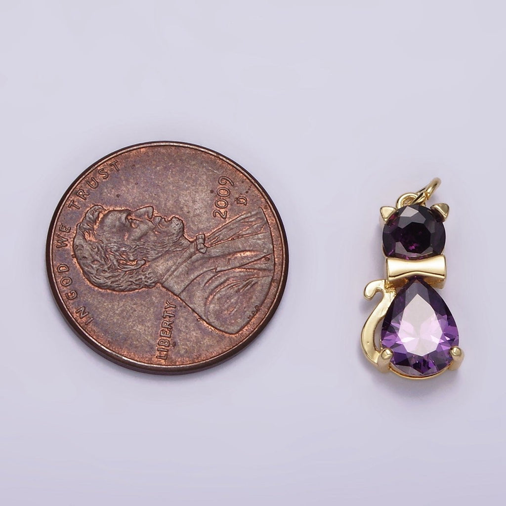 14K Gold plated Black, Purple CZ Bow-Tied Kitty Cat Animal Charm | AG496 AG497