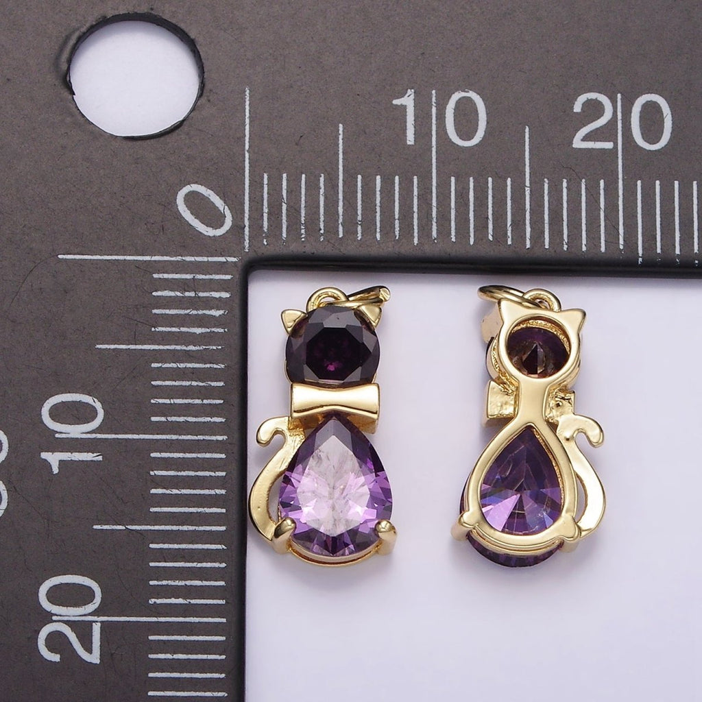 14K Gold plated Black, Purple CZ Bow-Tied Kitty Cat Animal Charm | AG496 AG497