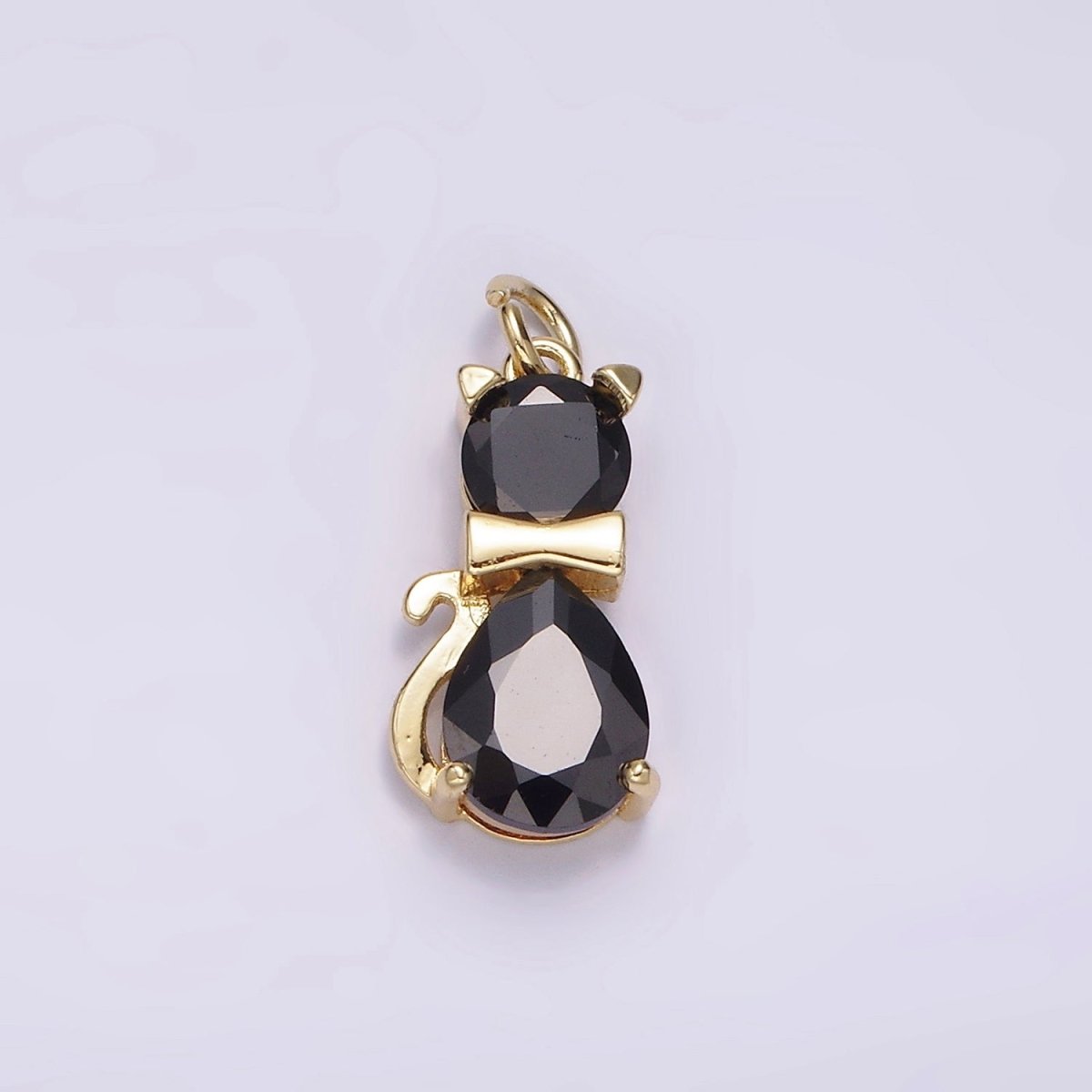 14K Gold plated Black, Purple CZ Bow-Tied Kitty Cat Animal Charm | AG496 AG497