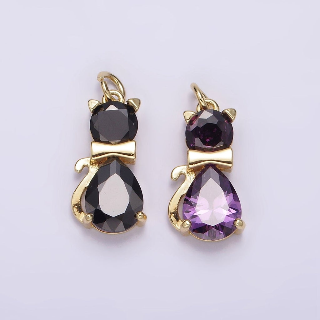 14K Gold plated Black, Purple CZ Bow-Tied Kitty Cat Animal Charm | AG496 AG497