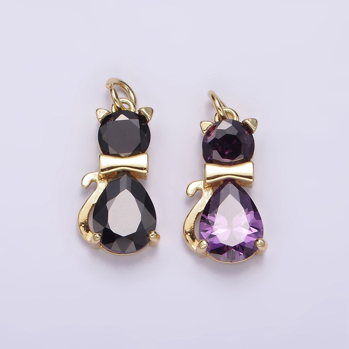 14K Gold plated Black, Purple CZ Bow-Tied Kitty Cat Animal Charm | AG496 AG497