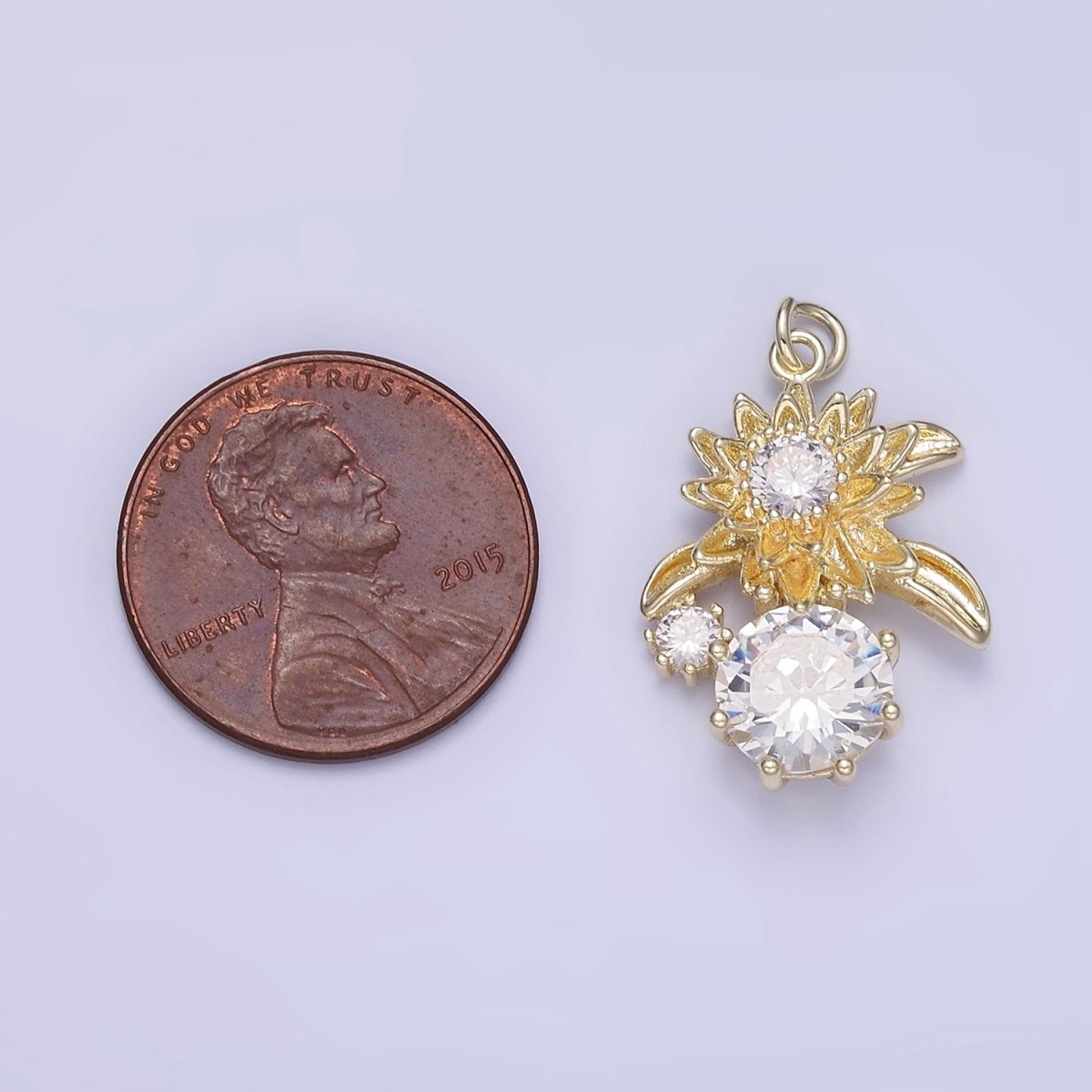 14K Gold plated Blooming Flower CZ Drop Mini Charm | W652 - DLUXCA