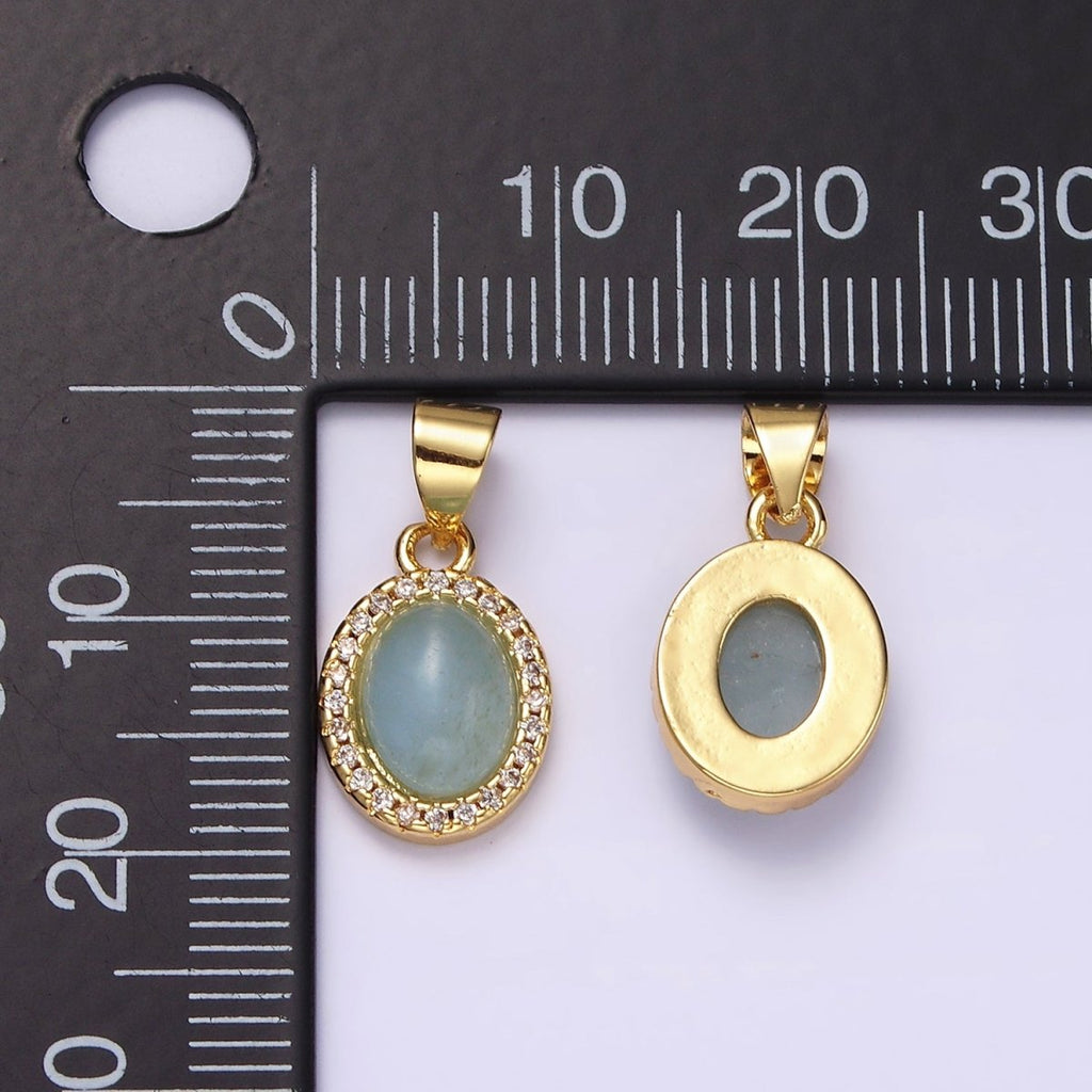 14K Gold plated Blue Agate Micro Paved CZ Oval Pendant | N1328 - DLUXCA