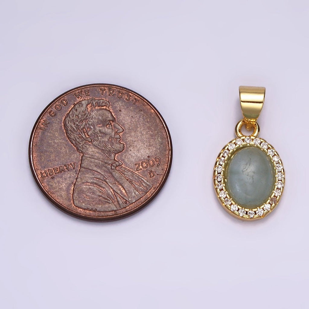 14K Gold plated Blue Agate Micro Paved CZ Oval Pendant | N1328 - DLUXCA