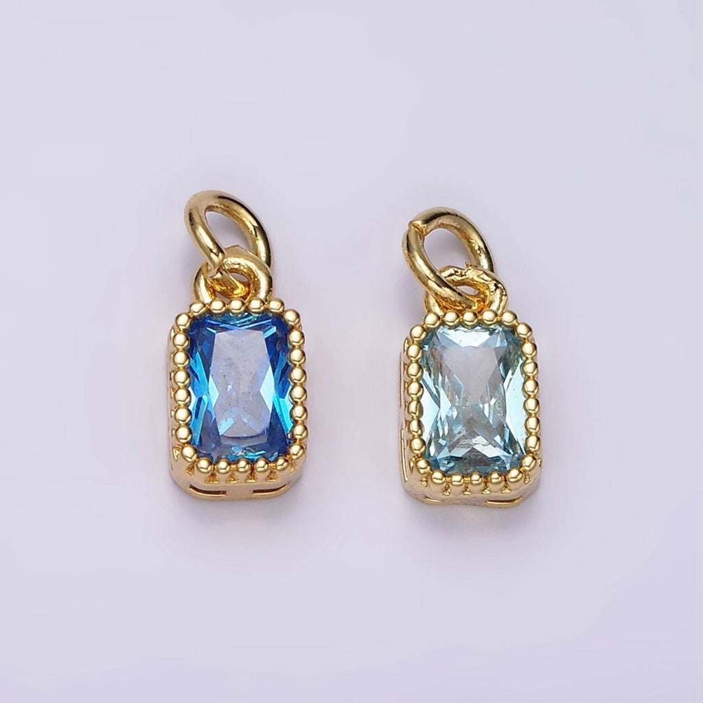 14K Gold plated Blue, Baby Blue CZ Baguette Dotted Bezel Add-On Charm | AC919 AC920 - DLUXCA