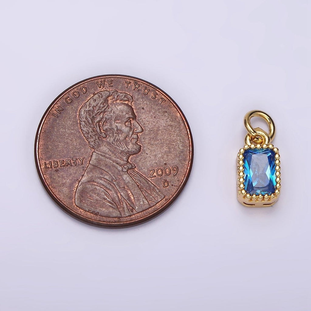 14K Gold plated Blue, Baby Blue CZ Baguette Dotted Bezel Add-On Charm | AC919 AC920 - DLUXCA