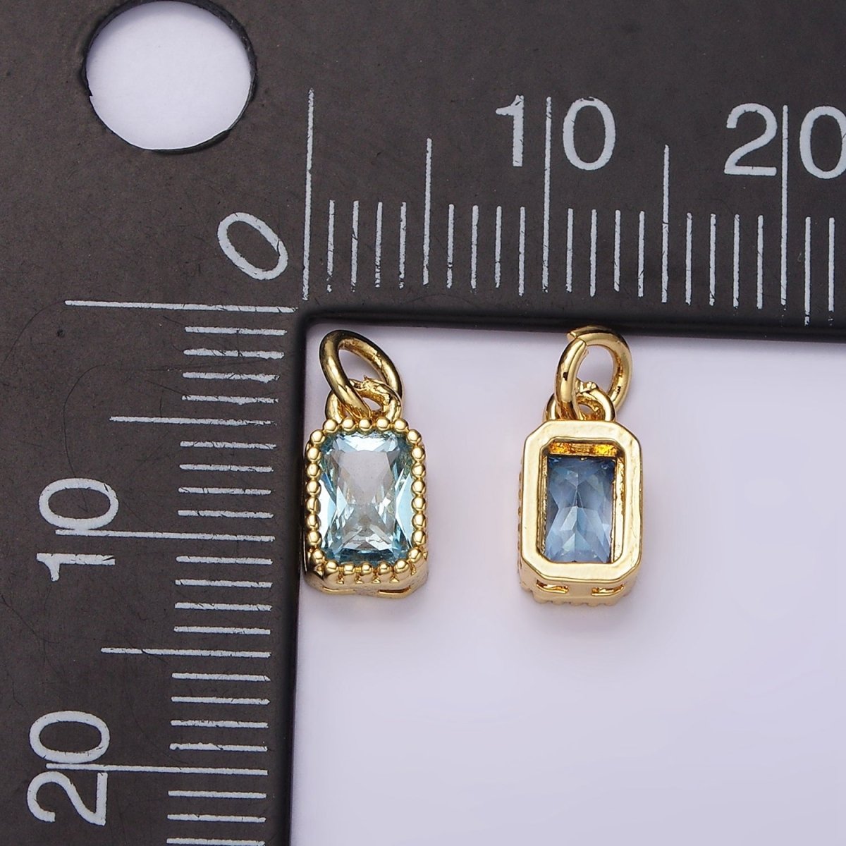 14K Gold plated Blue, Baby Blue CZ Baguette Dotted Bezel Add-On Charm | AC919 AC920 - DLUXCA