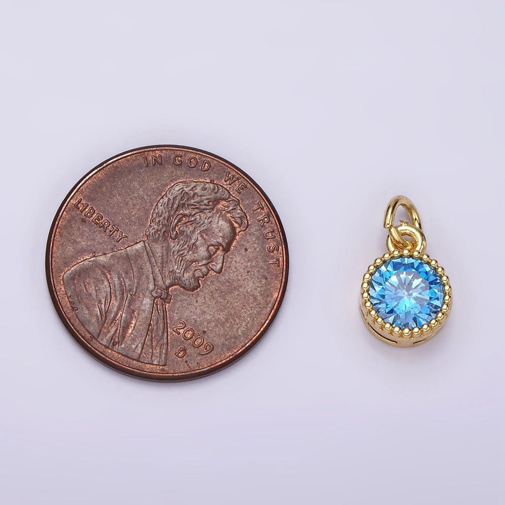 14K Gold plated Blue, Baby Blue CZ Round Dotted Bezel Add-On Charm | AC915 AC916