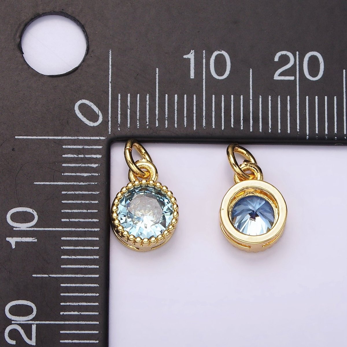 14K Gold plated Blue, Baby Blue CZ Round Dotted Bezel Add-On Charm | AC915 AC916