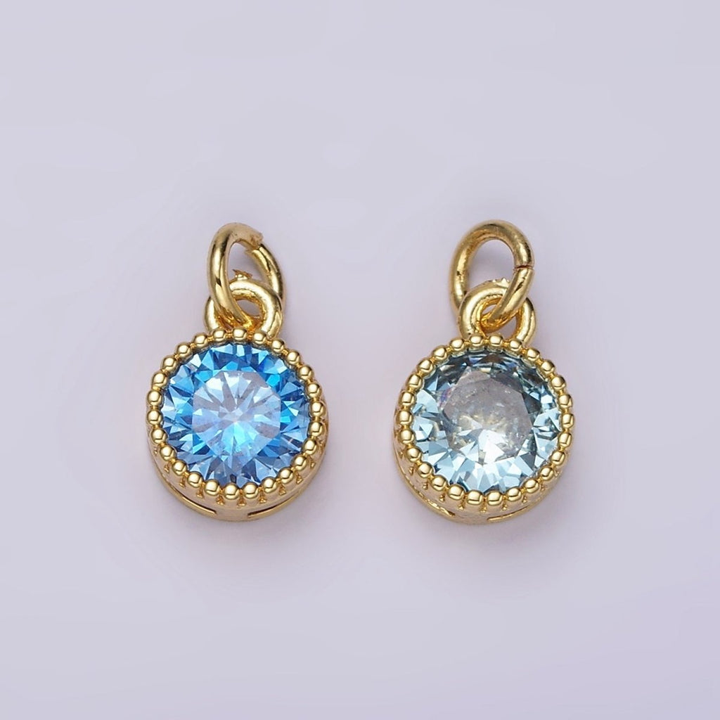 14K Gold plated Blue, Baby Blue CZ Round Dotted Bezel Add-On Charm | AC915 AC916