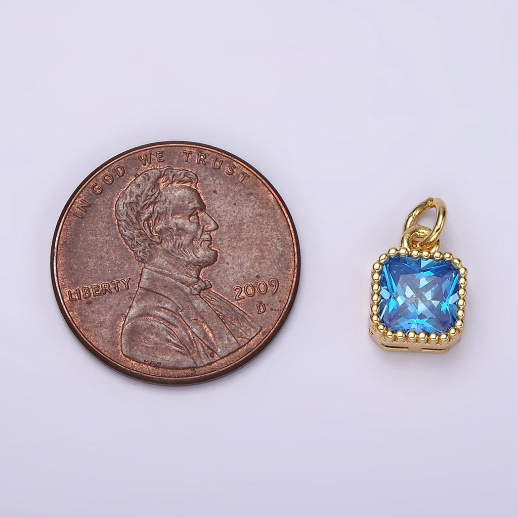 14K Gold plated Blue, Baby Blue CZ Square Dotted Bezel Add-On Charm | AC917 AC918