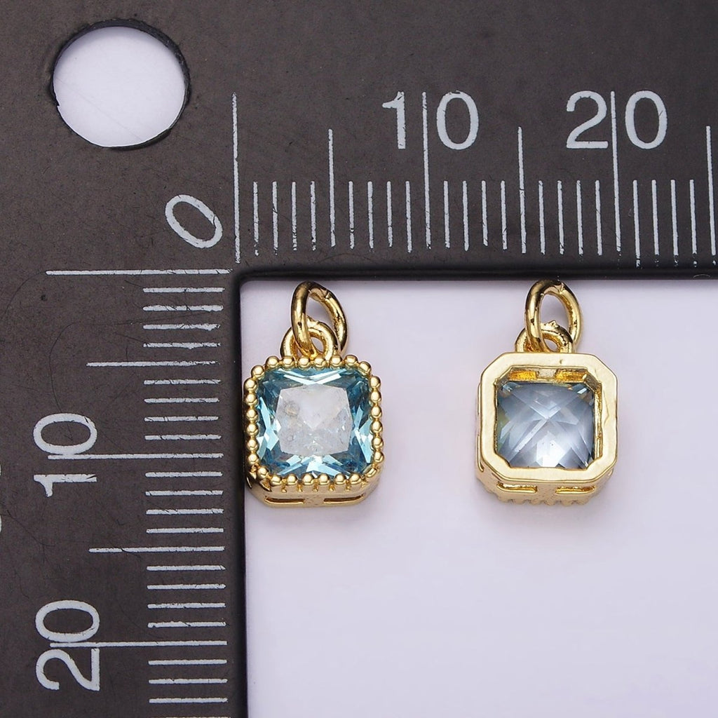 14K Gold plated Blue, Baby Blue CZ Square Dotted Bezel Add-On Charm | AC917 AC918