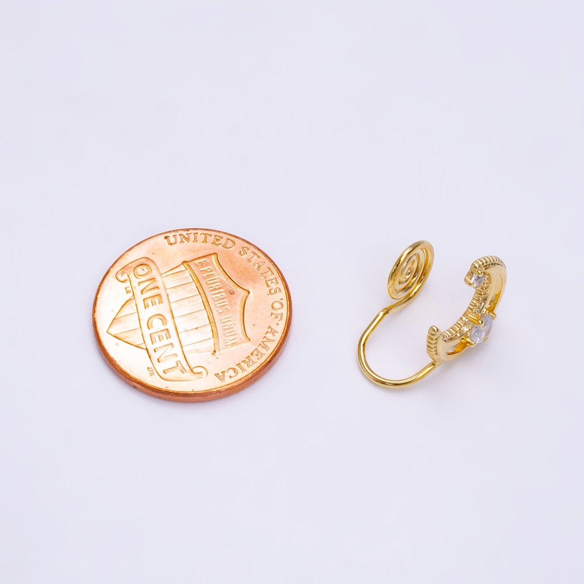 14K Gold plated Blue, Clear CZ Open Celestial Crescent Moon Beaded Ear Cuff Earrings | AI111 AE112