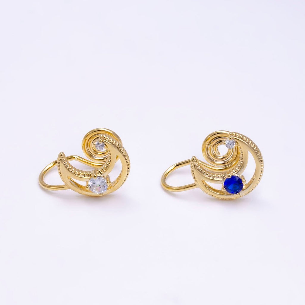 14K Gold plated Blue, Clear CZ Open Celestial Crescent Moon Beaded Ear Cuff Earrings | AI111 AE112