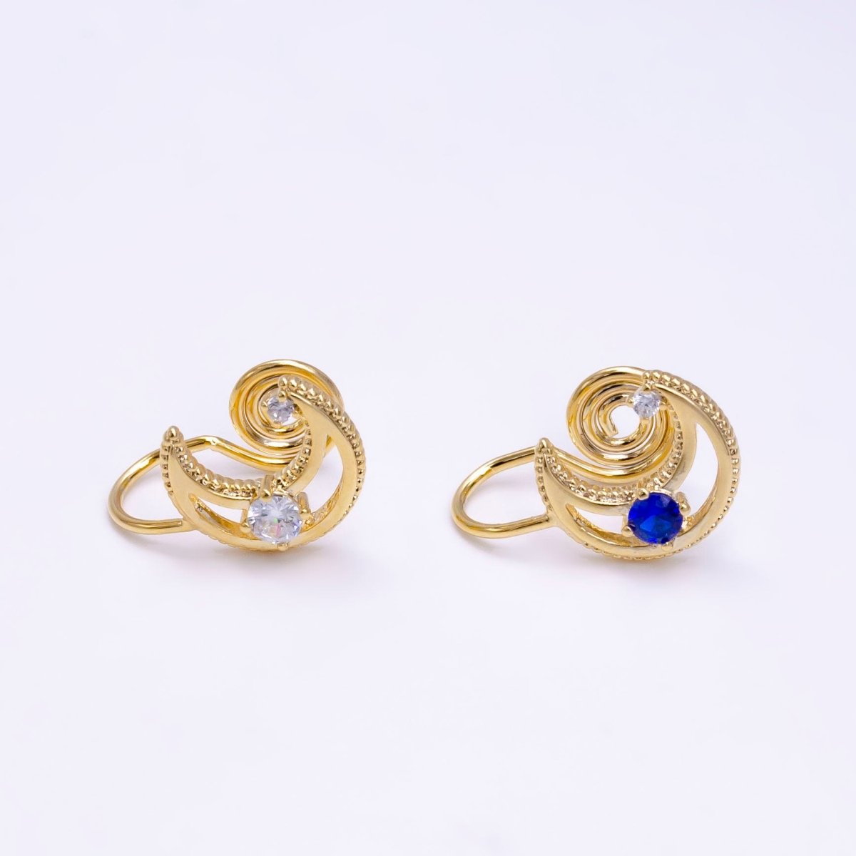 14K Gold plated Blue, Clear CZ Open Celestial Crescent Moon Beaded Ear Cuff Earrings | AI111 AE112