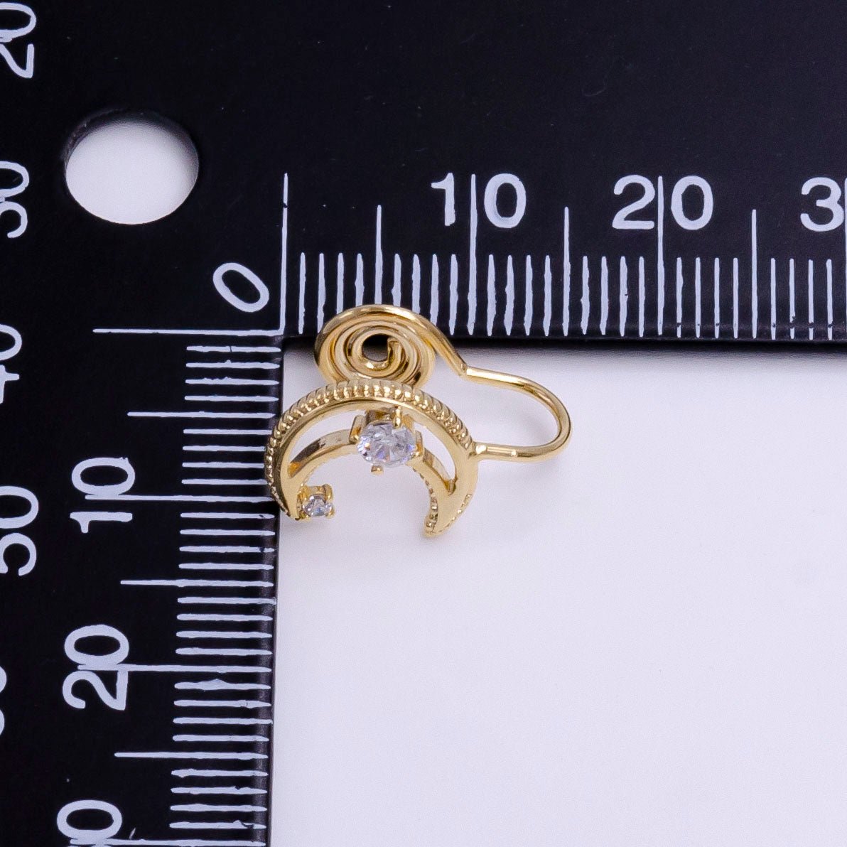 14K Gold plated Blue, Clear CZ Open Celestial Crescent Moon Beaded Ear Cuff Earrings | AI111 AE112