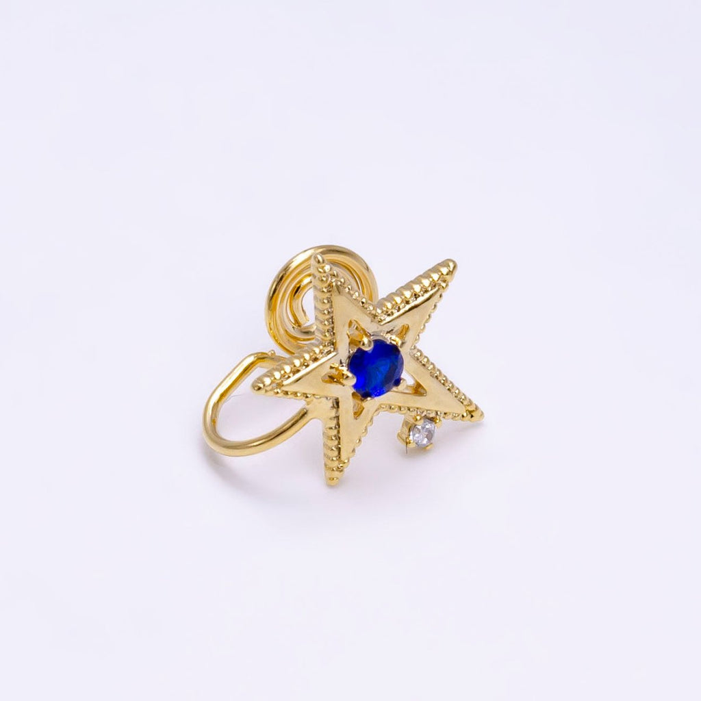 14K Gold plated Blue, Clear, Green CZ Open Celestial Star Beaded Ear Cuff Earrings | AI113 - AI115