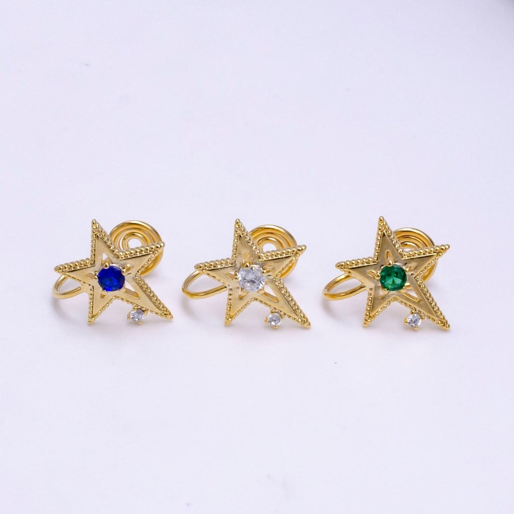 14K Gold plated Blue, Clear, Green CZ Open Celestial Star Beaded Ear Cuff Earrings | AI113 - AI115