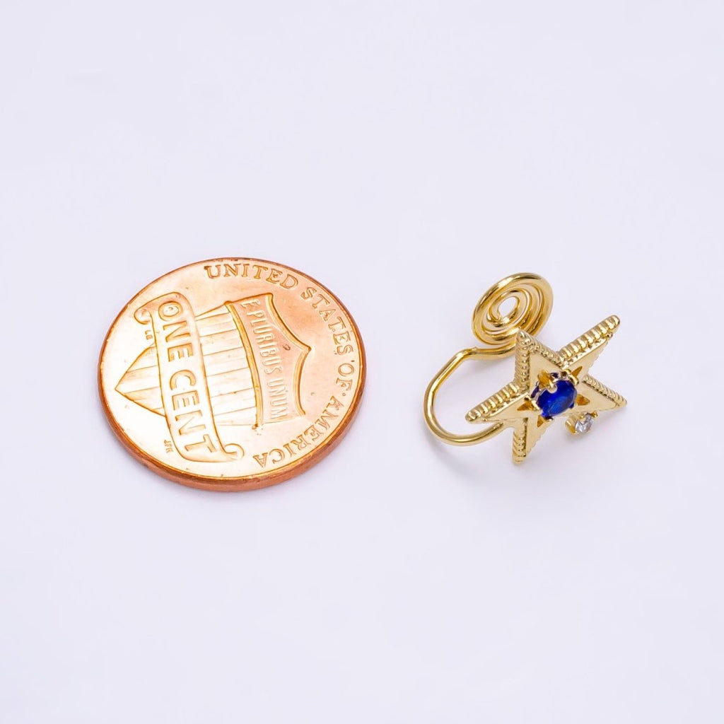 14K Gold plated Blue, Clear, Green CZ Open Celestial Star Beaded Ear Cuff Earrings | AI113 - AI115
