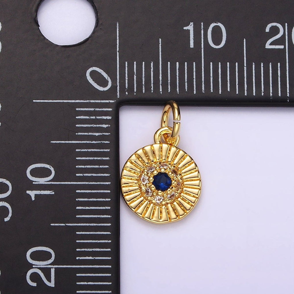14K Gold plated Blue CZ Dotted Line-Textured Round 15mm Charm in Silver & Gold | N1157 N1158
