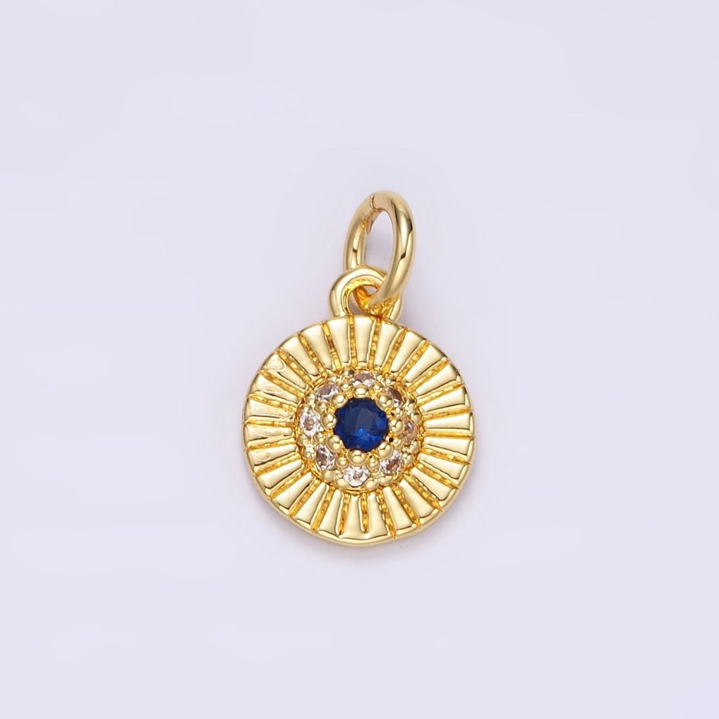 14K Gold plated Blue CZ Dotted Line-Textured Round 15mm Charm in Silver & Gold | N1157 N1158