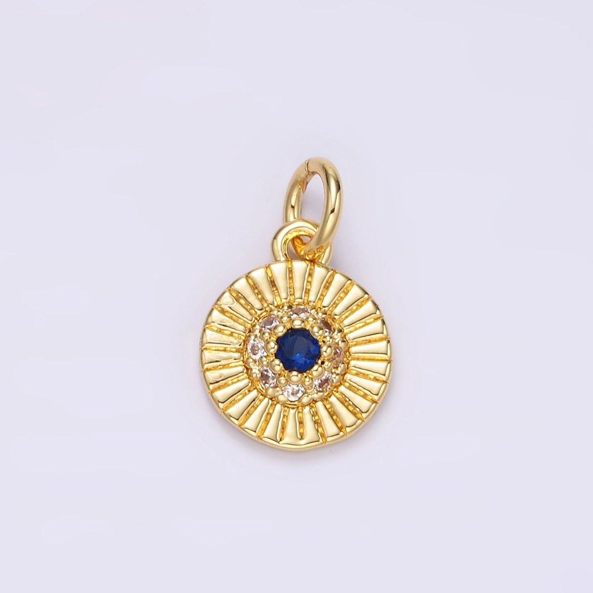 14K Gold plated Blue CZ Dotted Line-Textured Round 15mm Charm in Silver & Gold | N1157 N1158