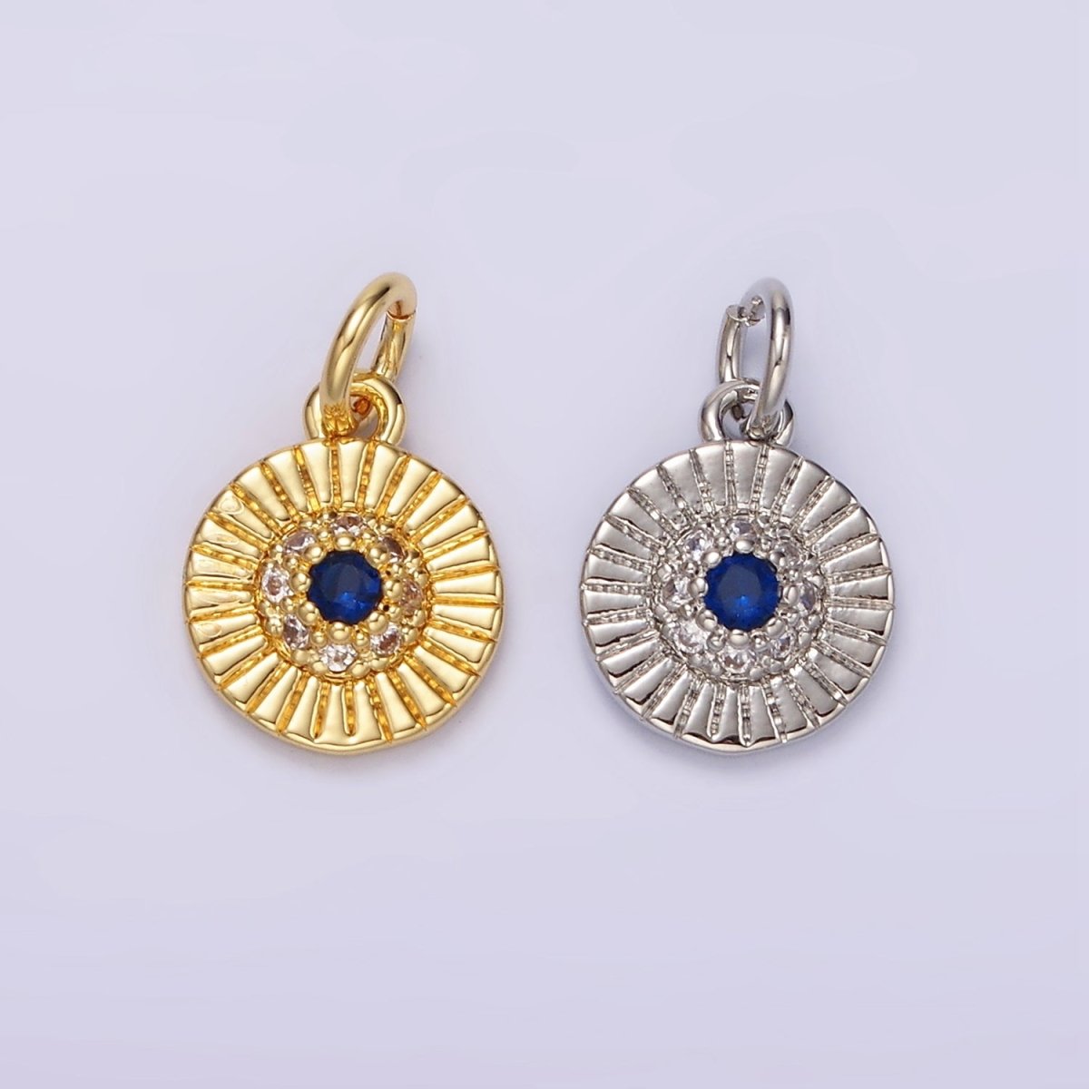 14K Gold plated Blue CZ Dotted Line-Textured Round 15mm Charm in Silver & Gold | N1157 N1158