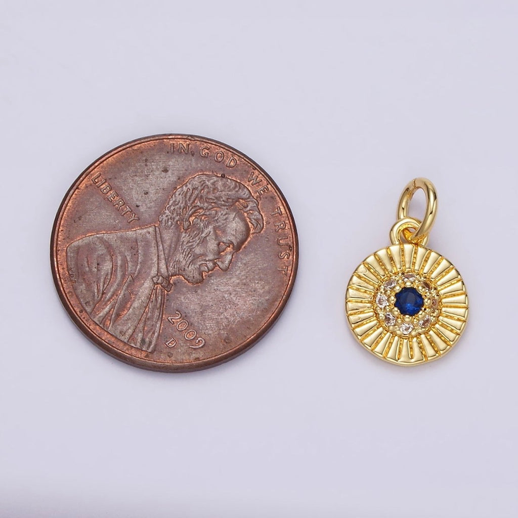 14K Gold plated Blue CZ Dotted Line-Textured Round 15mm Charm in Silver & Gold | N1157 N1158