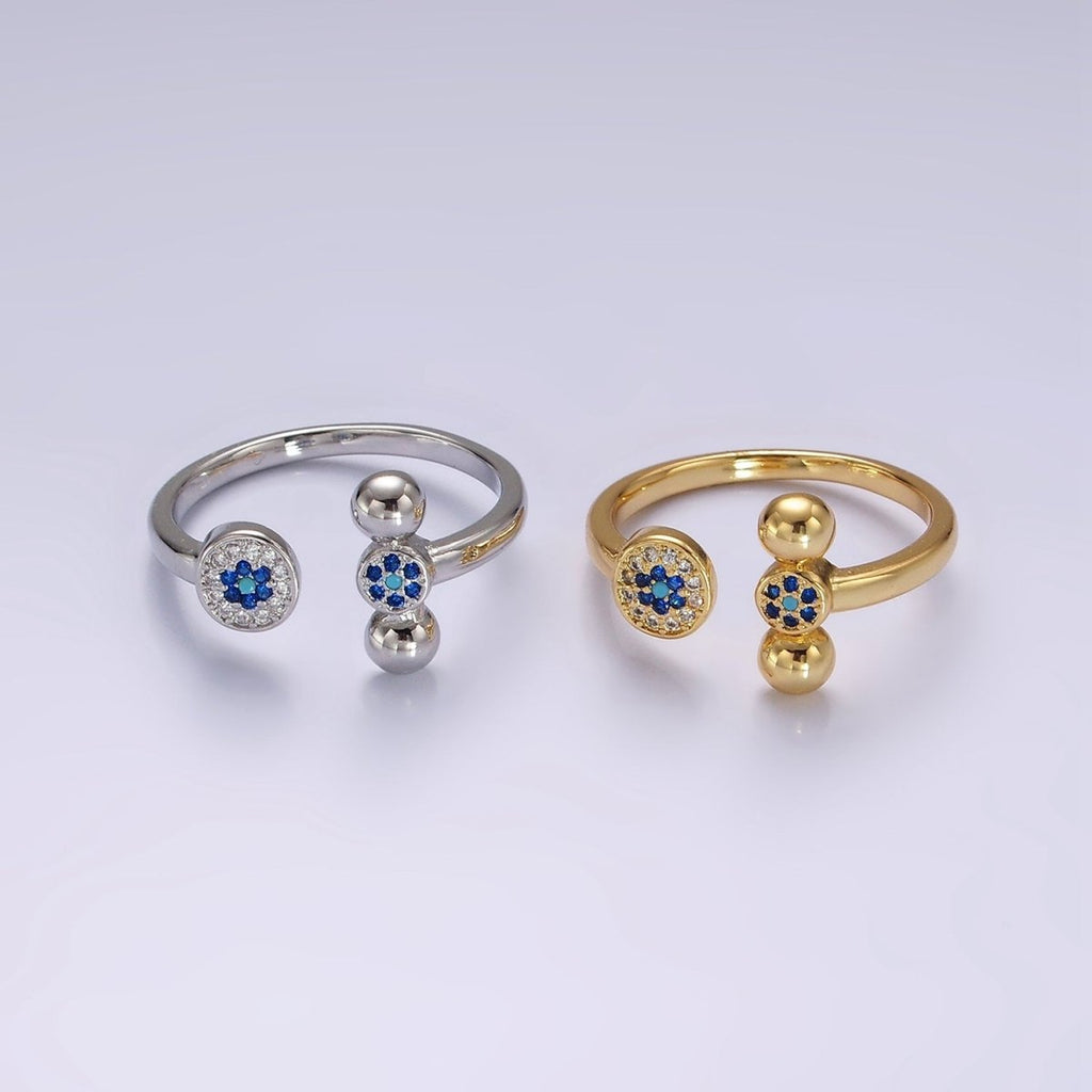 14K Gold plated Blue CZ Evil Eye Round Triple Bubble Open Claw Ring in Gold & Silver | O1057 O1061