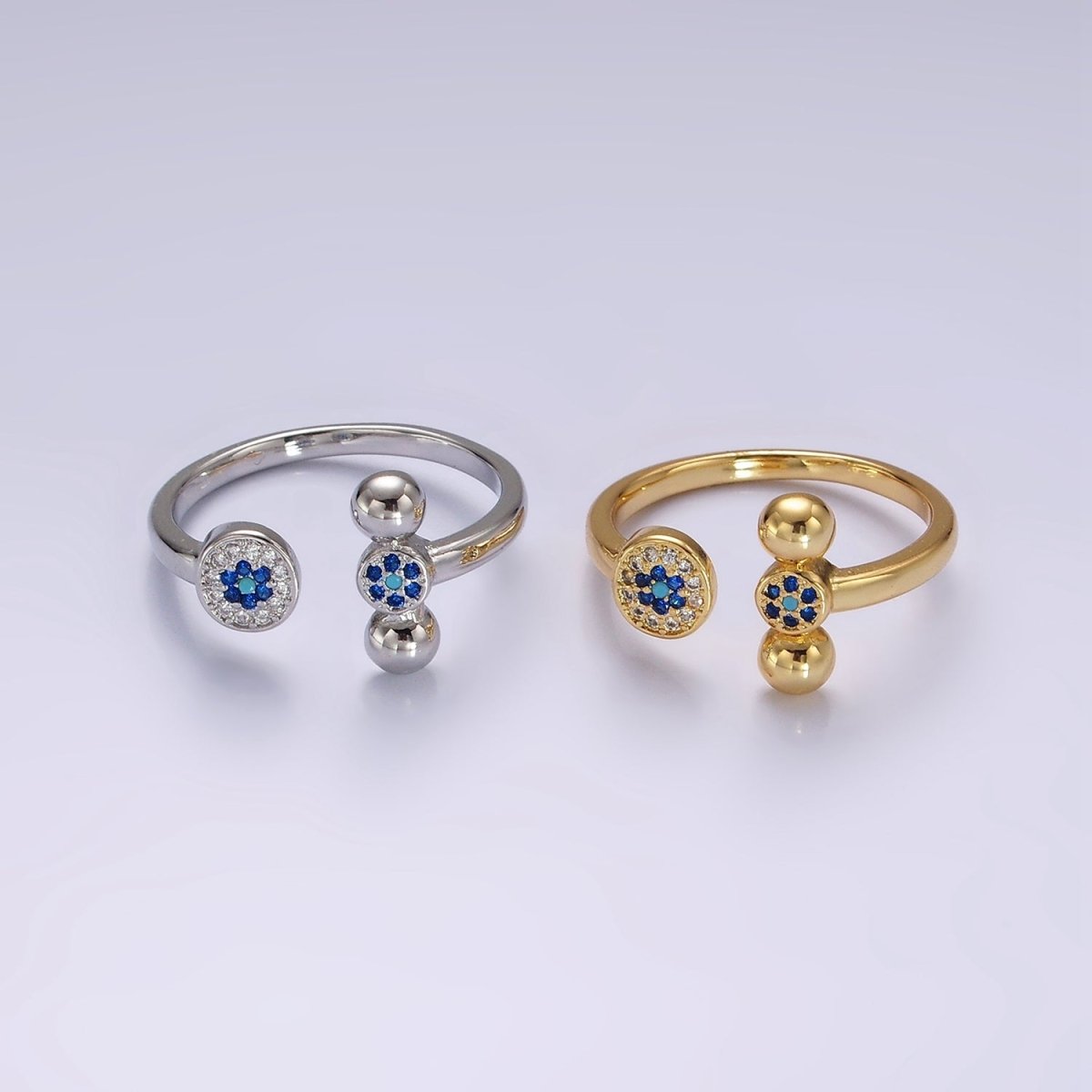 14K Gold plated Blue CZ Evil Eye Round Triple Bubble Open Claw Ring in Gold & Silver | O1057 O1061