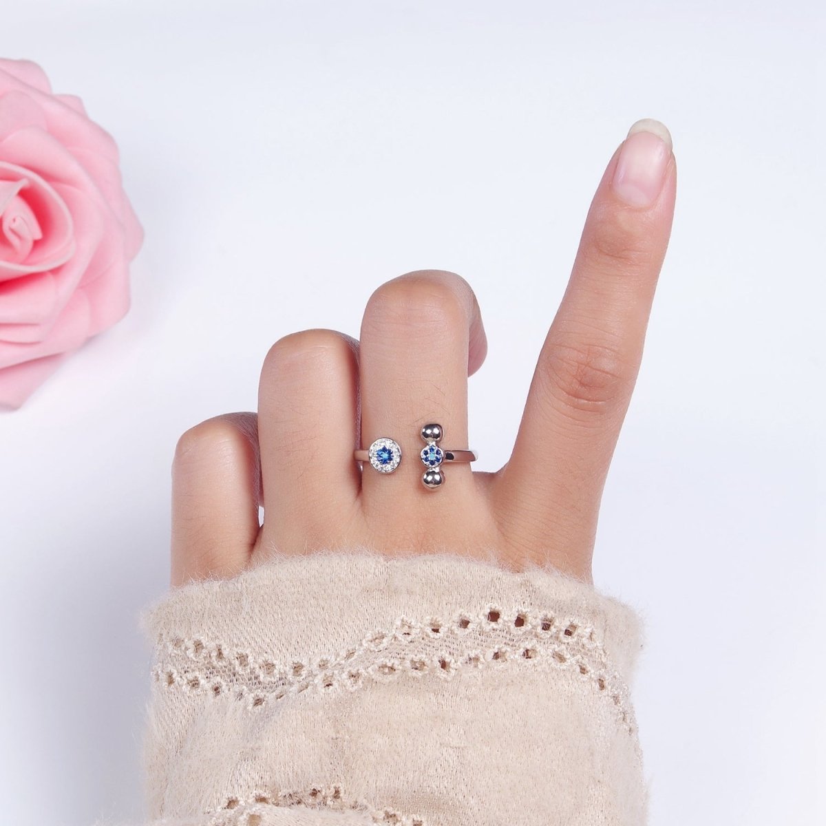 14K Gold plated Blue CZ Evil Eye Round Triple Bubble Open Claw Ring in Gold & Silver | O1057 O1061