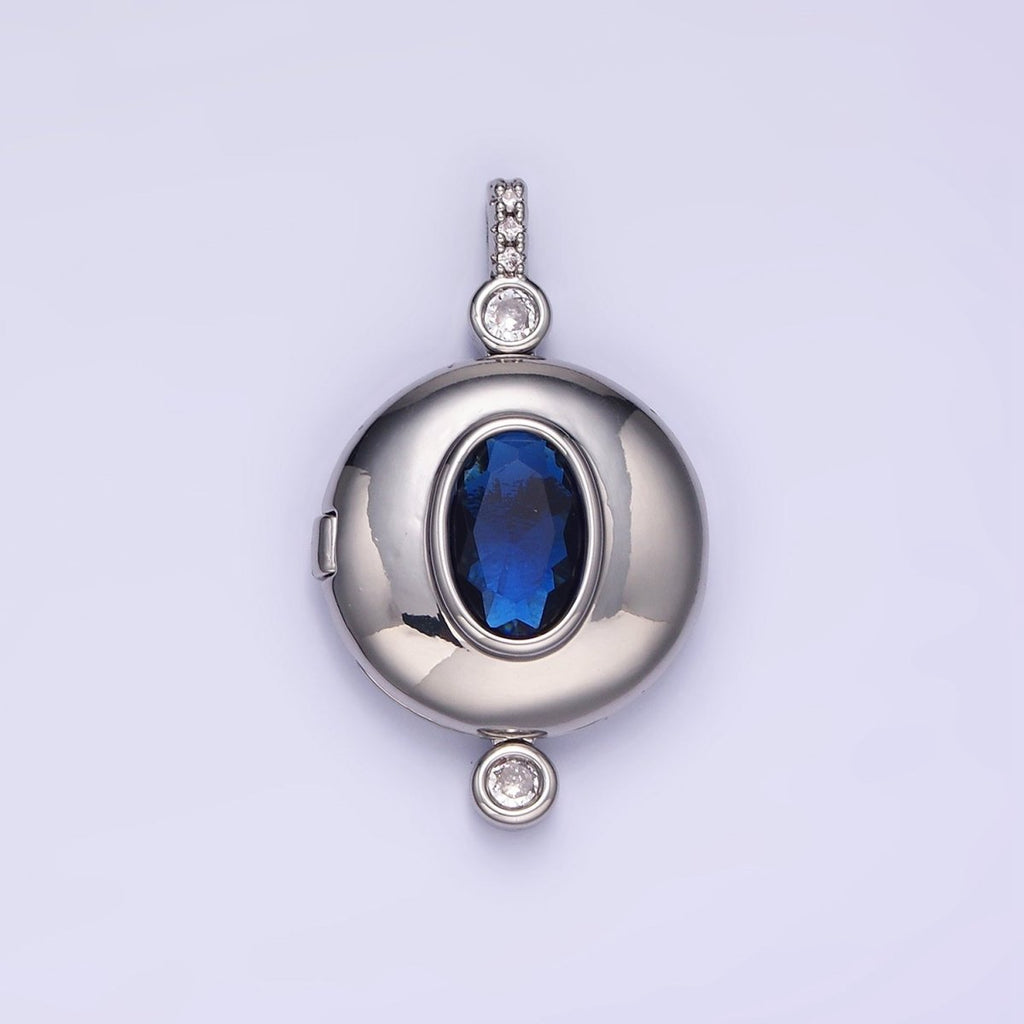 14K Gold plated Blue CZ Oval Round Locket Micro Paved Bail Pendant in Gold & Silver | AH141 - DLUXCA
