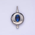 14K Gold plated Blue CZ Oval Round Locket Micro Paved Bail Pendant in Gold & Silver | AH141 - DLUXCA